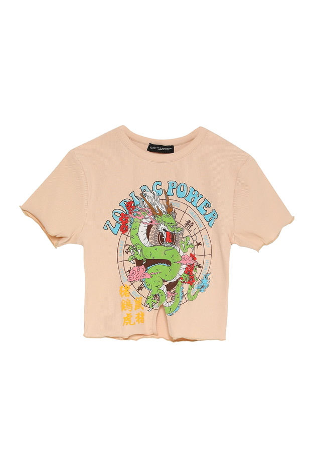 Ruffle Detailed Printed Crop T-Shirt Beige