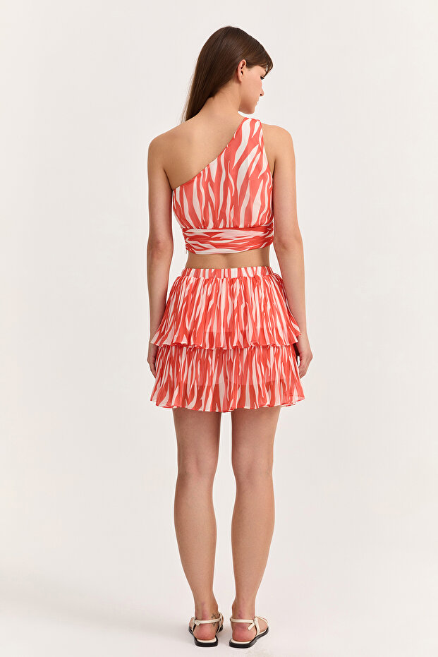 Çift Katlı Piliseli Mini Etek Turuncu - 5