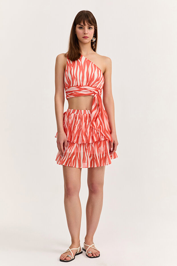 Çift Katlı Piliseli Mini Etek Turuncu - 3