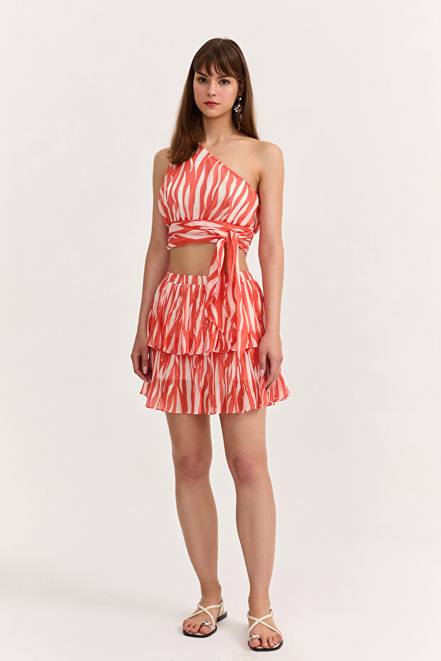 Çift Katlı Piliseli Mini Etek Turuncu - 4