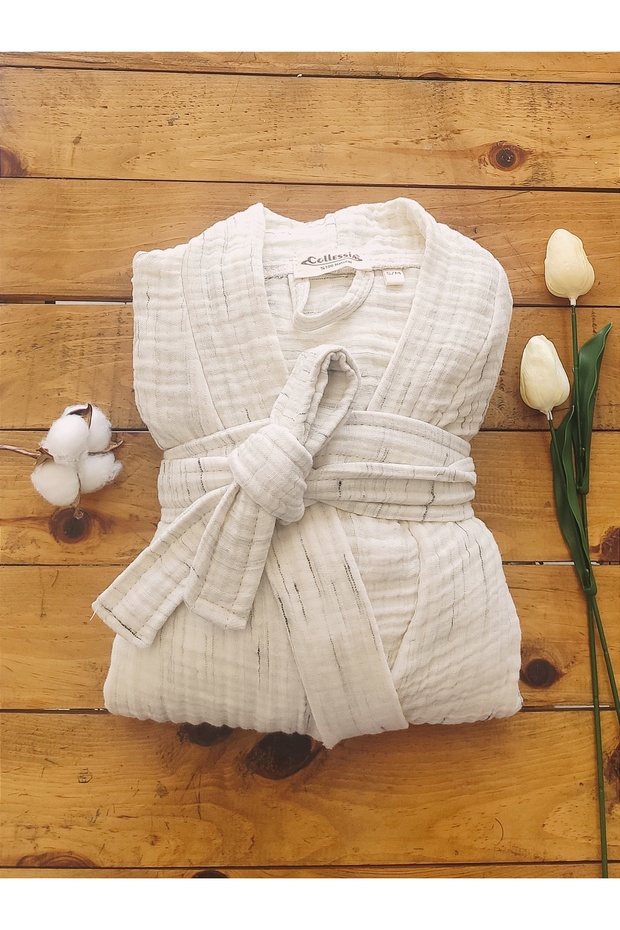 Unisex 4-Layer Muslin Bathrobe Kimono - 100% Organic Cotton, Cream