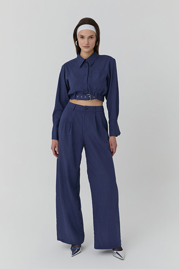 Thin Line Detailed High Waist Trousers Navy Blue