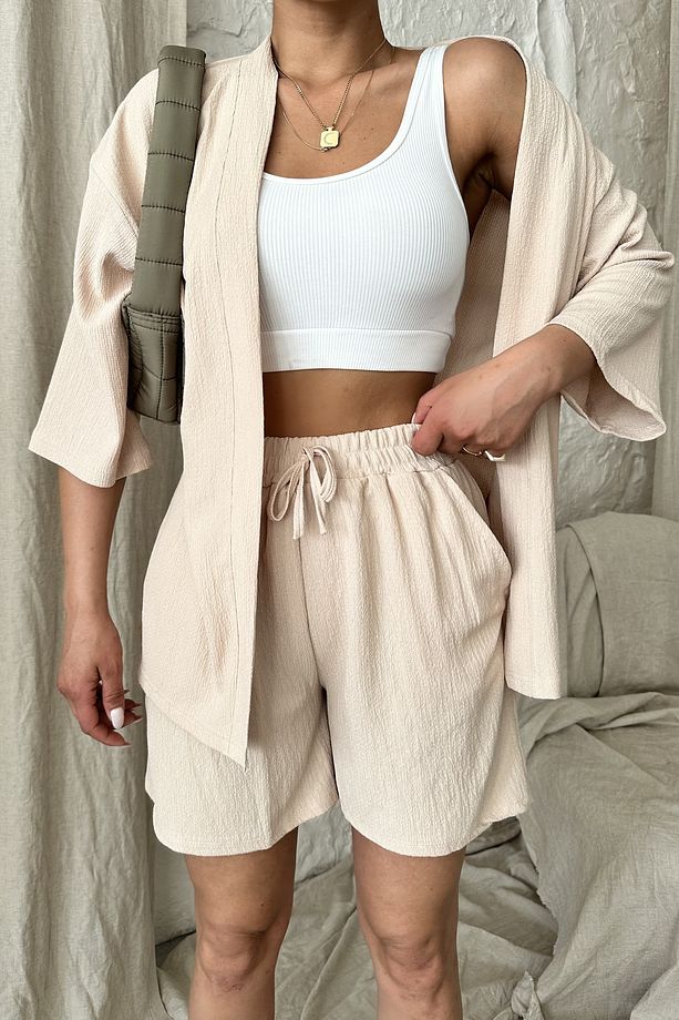 Kadın Bej Kimono Gömlek Şort Alt Üst Takım - 1