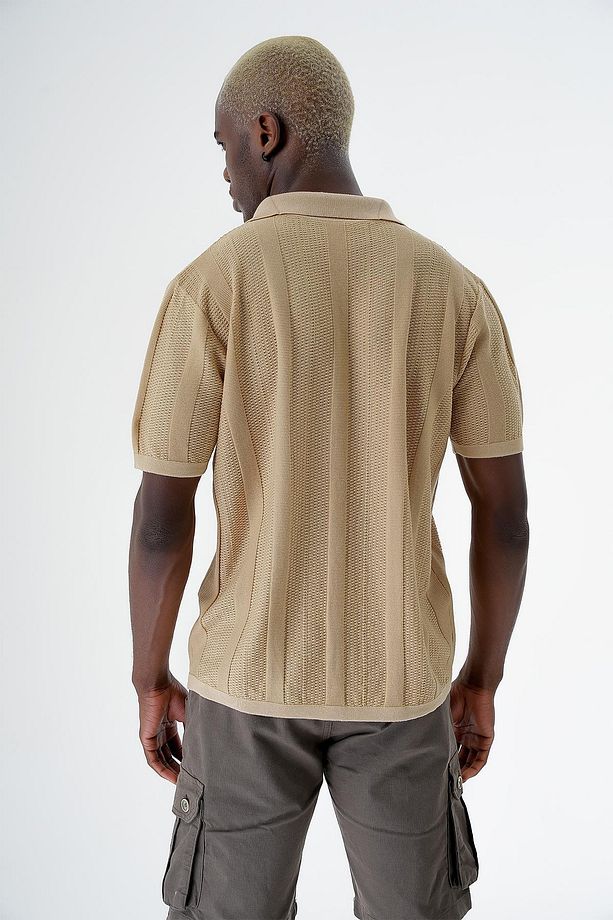 Erkek Desenli Kısa Kollu Regular Fit Triko Gömlek Taba 24s267 - 6