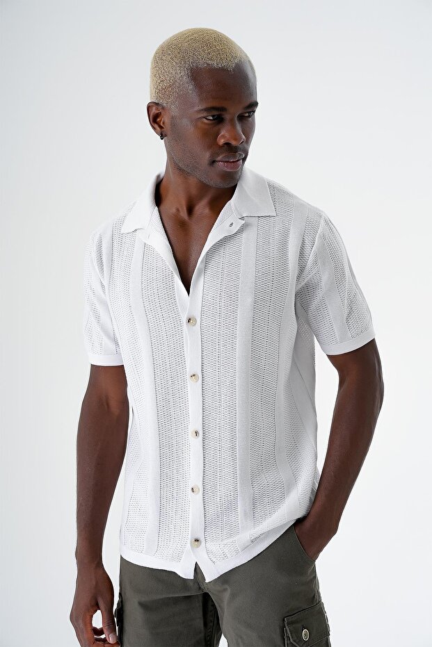 Men's Pattern Short Sleeve Regular Fit Knitwear Shirt White 24s267