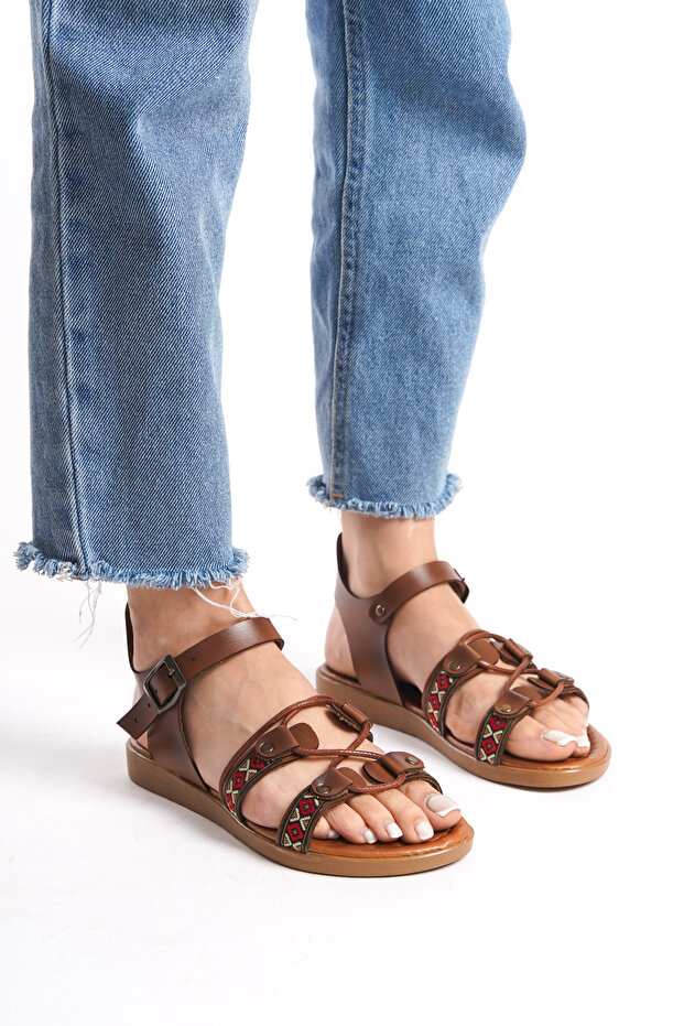 Genuine Leather Aleyna Tan Banded Adjustable Flat Sole Ethnic Detailed Sandals