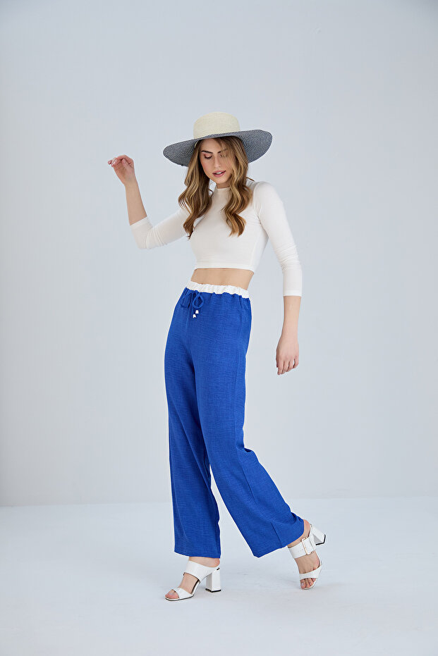 Contrast Belted Linen Blended Trousers