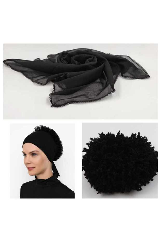 3-Piece Black Bonnet Set (Firfir Bonnet, Inner Head Cover, Knob Clasp) F3