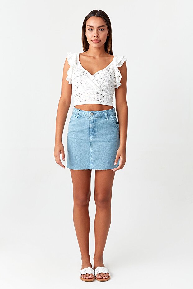Kadın Mavi Denim Mini Etek - 1