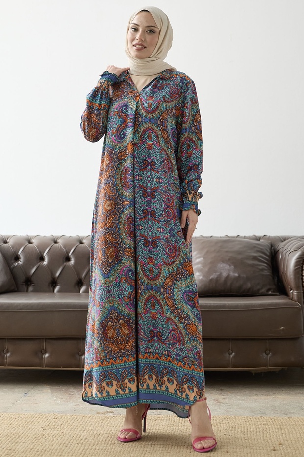Judge Collar Ethnic Pattern Viscose Dress - Blue