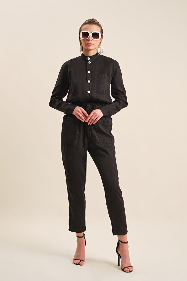 Önden Düğmeli Keten Tulum - 3