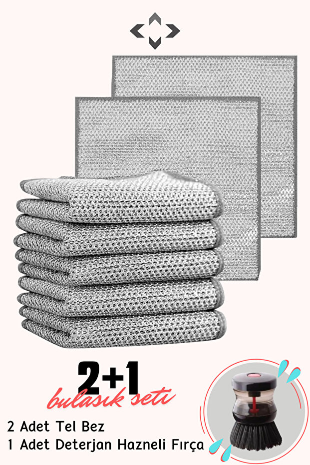 2 In 1 Dish Set 2 Pieces Wire Dishcloth 1 Piece Brush with Detergent Chamber Anti-Scratch Dish Wire Steel