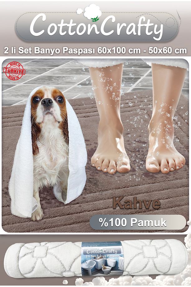 %100 Pamuk Dokuma Banyo Paspas Seti, Banyo Halısı Vera 2 Li Set 60x100 - 60x50 - 3