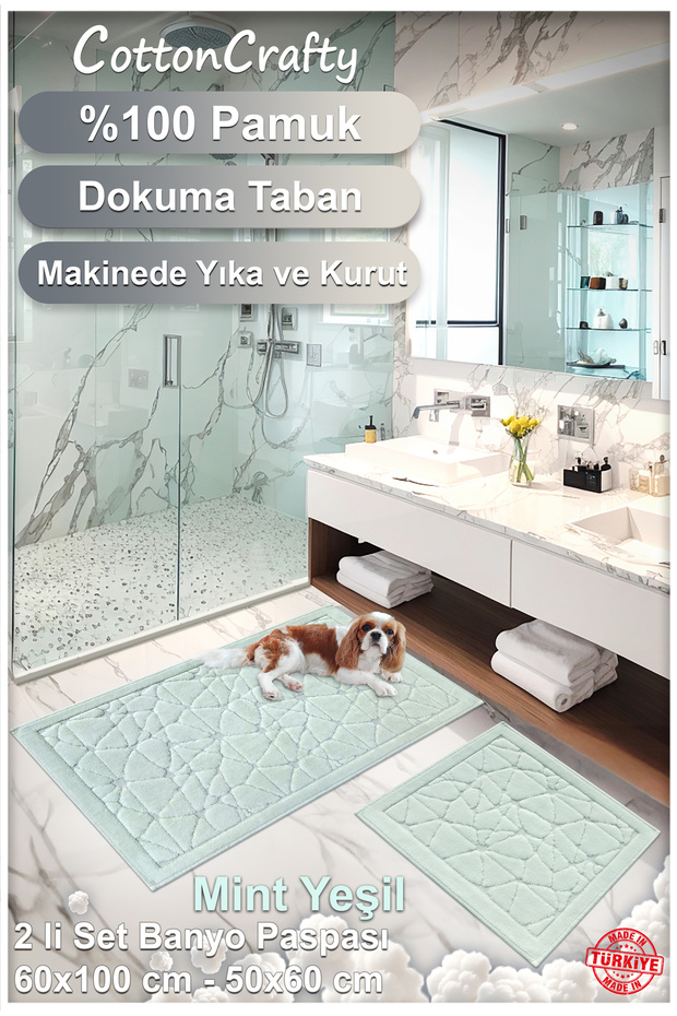 %100 Pamuk Dokuma Banyo Paspas Seti, Banyo Halısı Cam 2 Li Set 60x100 - 60x50 - 4