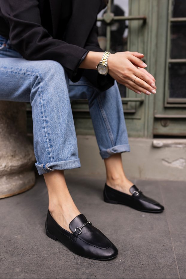 GEOLA WOMEN'S BLACK Genuine Leather BUCKLE LOAFER SHOES