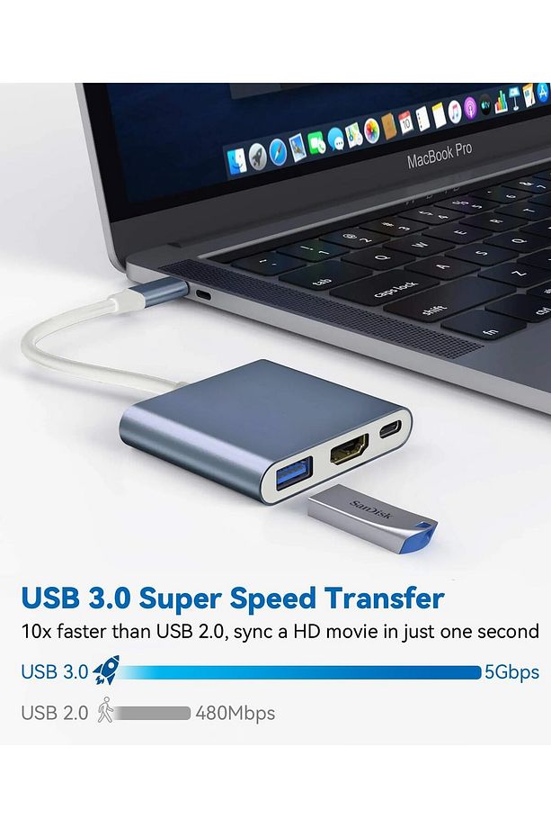 İpad Iphone 16 Pro Max Uyumlu Type-c To 4k Hdmi Hub Usb-c Type-c Pd Usb Çevirici 3in1 Dönüştürücü - 4
