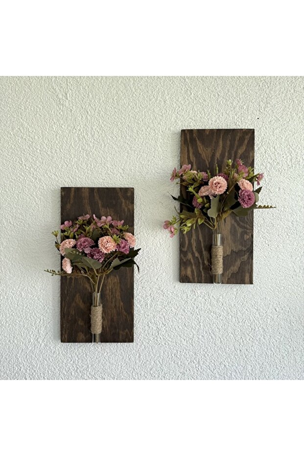 Pembe Karanfil Çiçekli Duvar Dekoru Ceviz İkili Set 30x14cm - 1