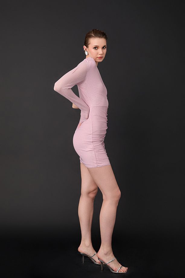 Taş Aksesuarlı Tek Omuz Mini Elbise Pembe - 3