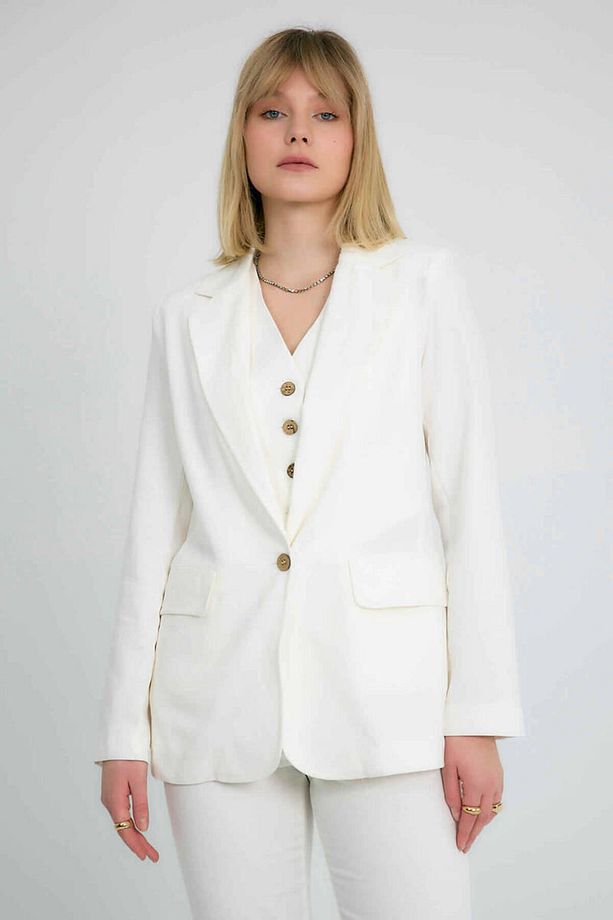Bianca Klasik Yaka Pamuklu Blazer Ceket Ekru - 3