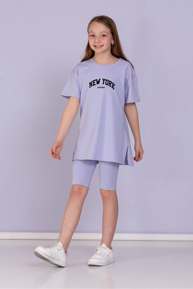 Quality combed cotton girl's new york printed shorts suit