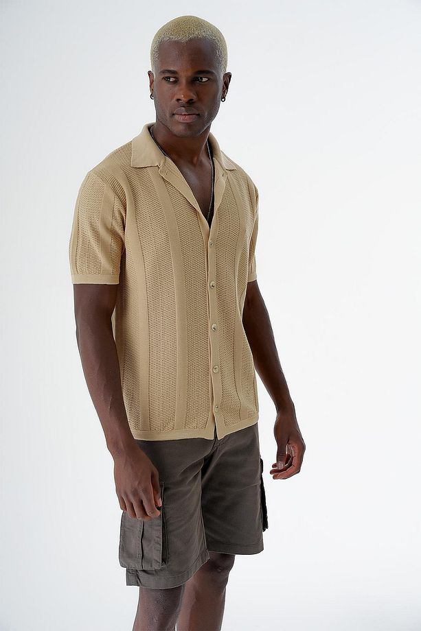 Erkek Desenli Kısa Kollu Regular Fit Triko Gömlek Taba 24s267 - 5