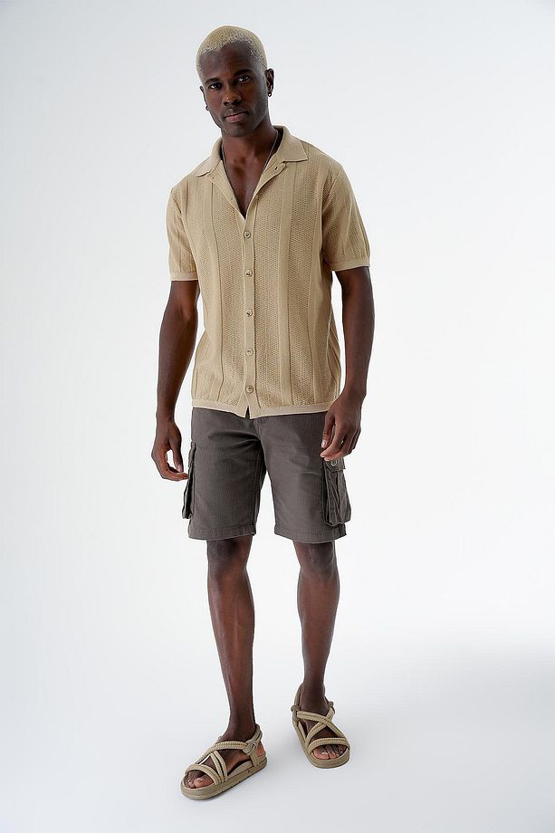 Erkek Desenli Kısa Kollu Regular Fit Triko Gömlek Taba 24s267 - 3
