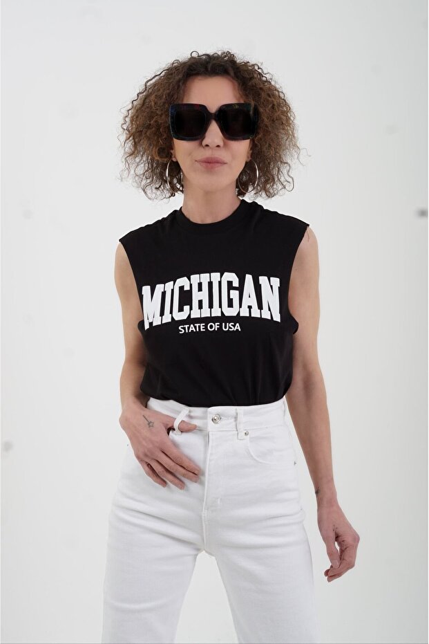 Black Michigan Printed Sleeveless T-shirt