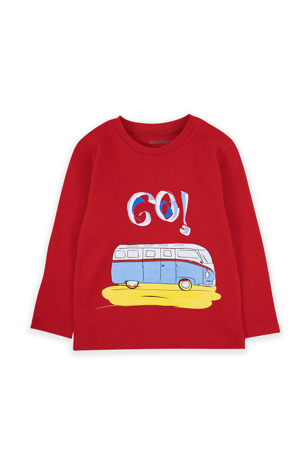 Bubuga Erkek Çocuk %100 Pamuk Kırmızı Renk Karavan Baskılı Uzun Kol Tshirt