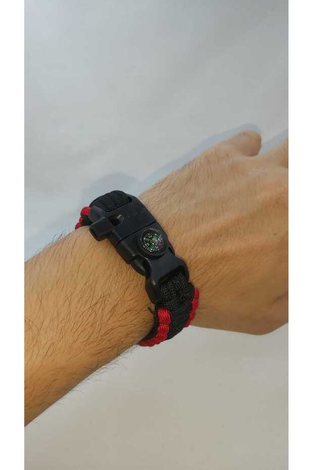 Paracord Knitted Bracelet (Black-Red Color, Clip, Compass, Whistle, Fire Starter, Outdoor)