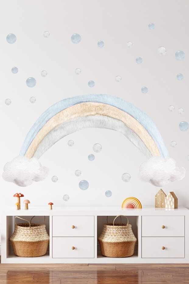 Blue Gray Tone Soft Color Rainbow And Polka Dots Kids Room Wall Sticker Set