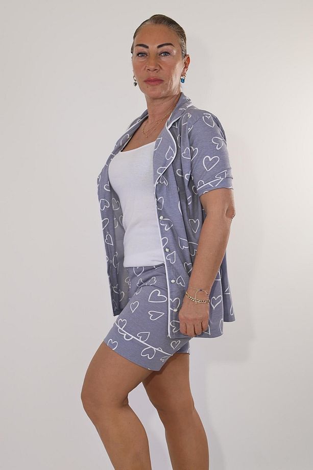 MAVİ KALP DESENLİ ŞORTLU PİJAMA TAKIMI - 6