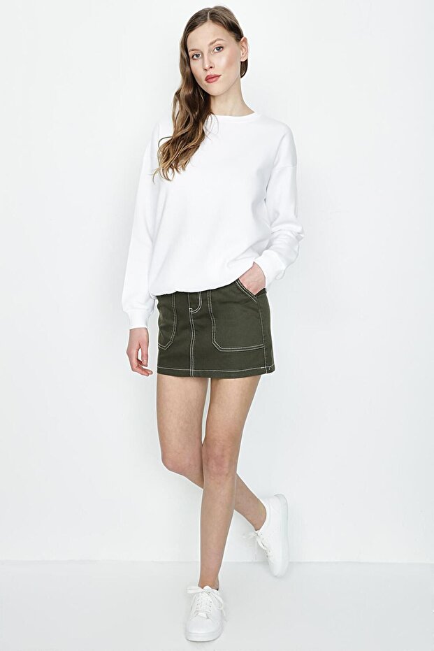 Kadın Haki Kontrast Dikişli Mini Etek - 1