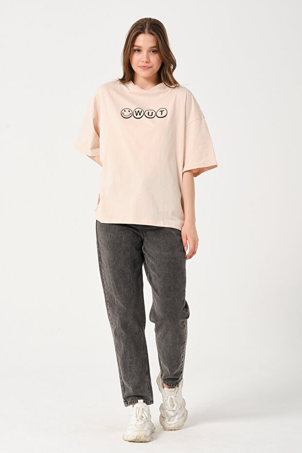 Unisex Beige Crew Neck Printed Oversize T-shirt