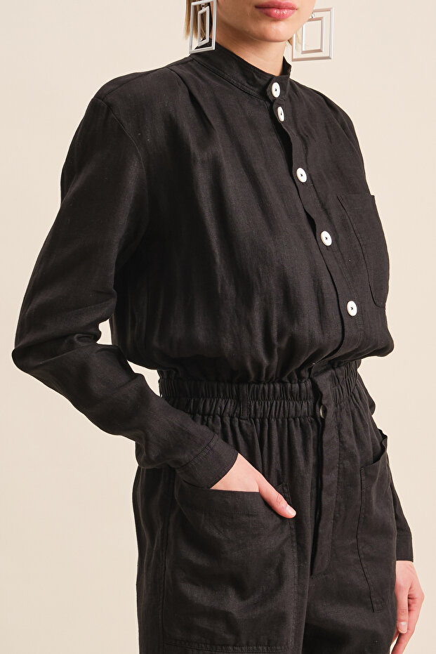 Önden Düğmeli Keten Tulum - 1