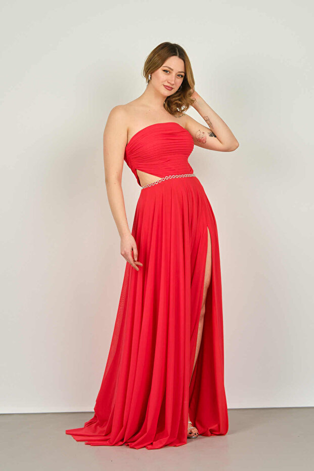 Women's Strapless Stone Chain Detailed Long Evening Dress with Side Window 8227 Pomegranate