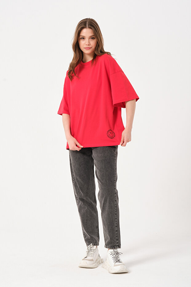 Unisex Red Crew Neck Printed Oversize T-shirt