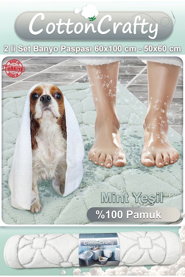 %100 Pamuk Dokuma Banyo Paspas Seti, Banyo Halısı Cam 2 Li Set 60x100 - 60x50 - 3