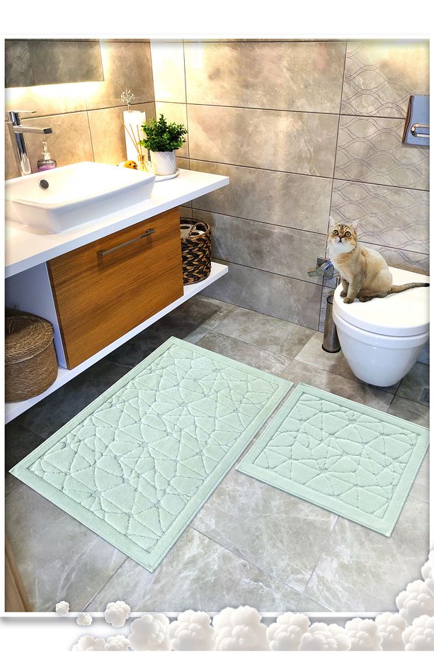 %100 Pamuk Dokuma Banyo Paspas Seti, Banyo Halısı Cam 2 Li Set 60x100 - 60x50 - 1