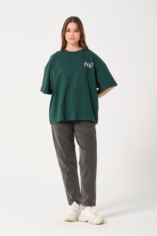 Unisex Dark Green Crew Neck Printed Oversize T-shirt