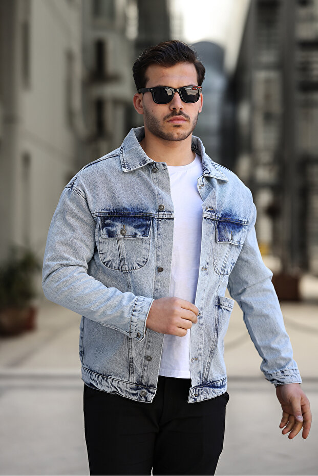 Blue Men's Denim Jacket - 4 Pockets - 1