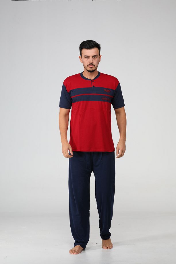 Erkek Pijama %90 Pamuklu %10 Likralı Kısa Kol Erkek Pijama Takımı - 2