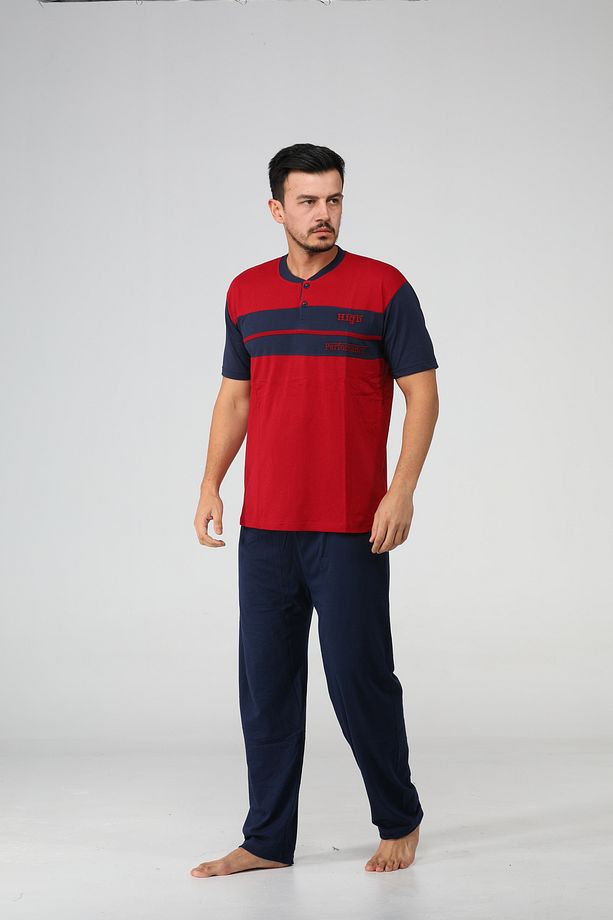 Erkek Pijama %90 Pamuklu %10 Likralı Kısa Kol Erkek Pijama Takımı - 1