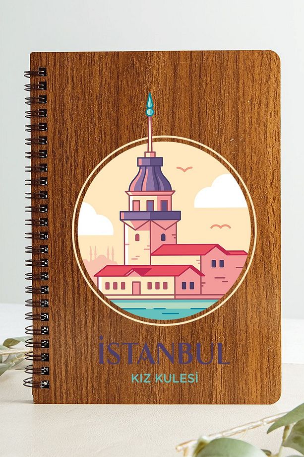 İstanbul Kız Kulesi Şehir Tasarım Ahşap Kapaklı Defter Kraft Kağıt Özel Tasarım Hediye - 1