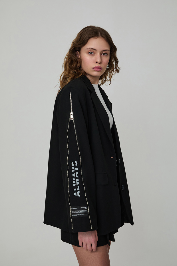 Lining Patterned Sleeve Zipper Detailed Blazer Jacket Black