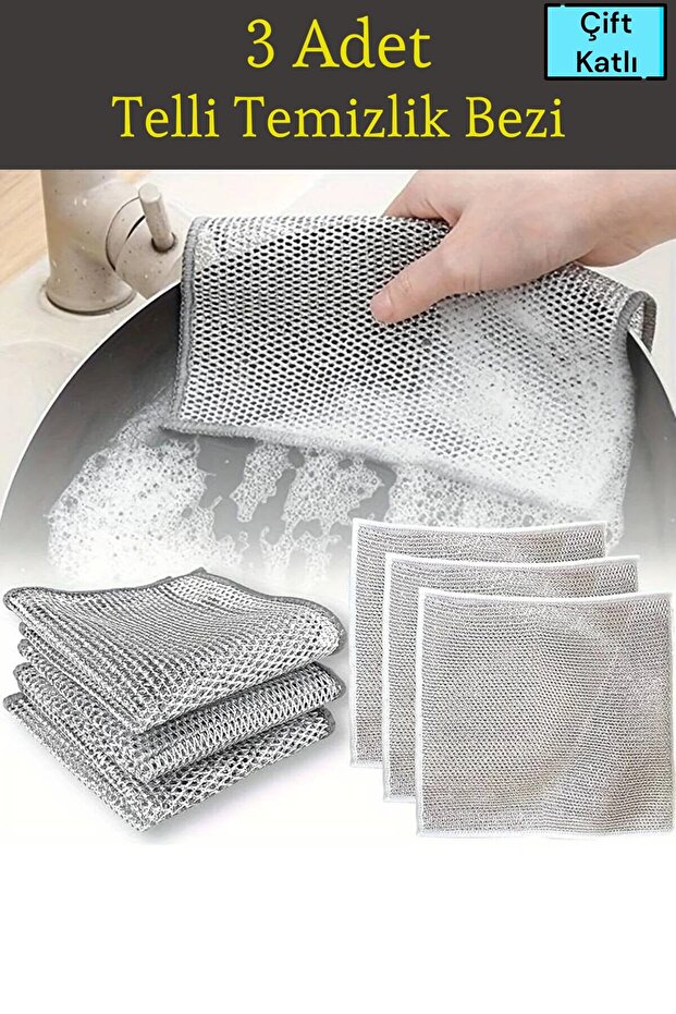 3 Pieces of Wire Dish Cleaning Cloth Inox Non-Scratch Double Layer Wire Dish Cloth