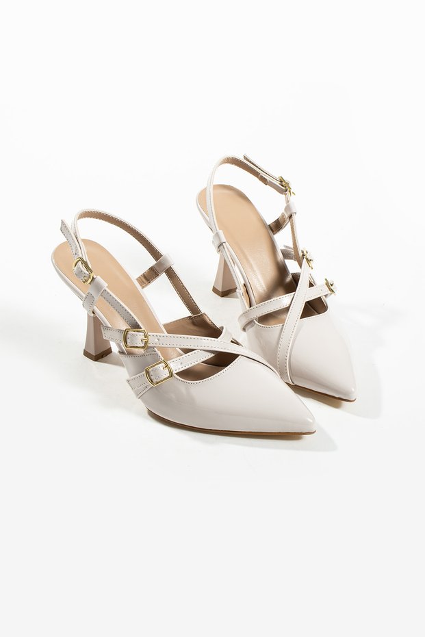 Women's Beige Patent Leather Buckle Detail Classic Heeled Shoes