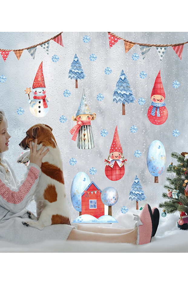 Christmas Trees Tiny Snowmen and Snowflakes Glass Wall decoration sticker