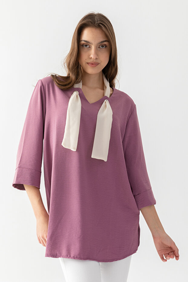 Women's Dried Rose Collar, Bird Eye Detail, Side Slit, Flared Aerobin Loose Cut Tunic