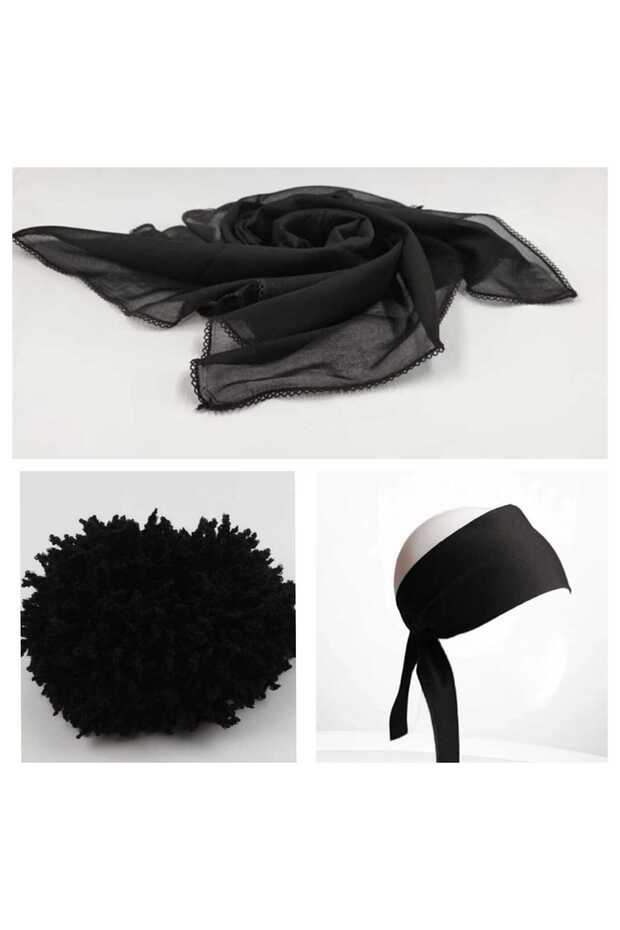 Black Bonnet Set of 3 (Bandana Bonnet, Inner Head Cover, Knob Buckle) Bb3