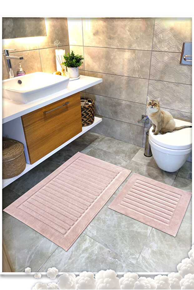 Cotton Woven Bath Mat Set, Bathroom Rug, Stripe 60X100 - 60X50 Powder